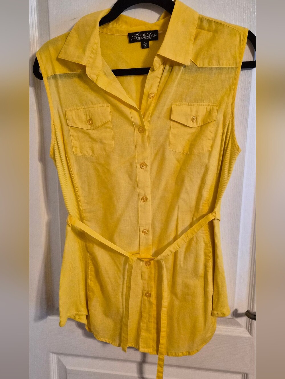 Absolutely Famous Yellow Sleeveless Button-Up Tunic with Waist Tie